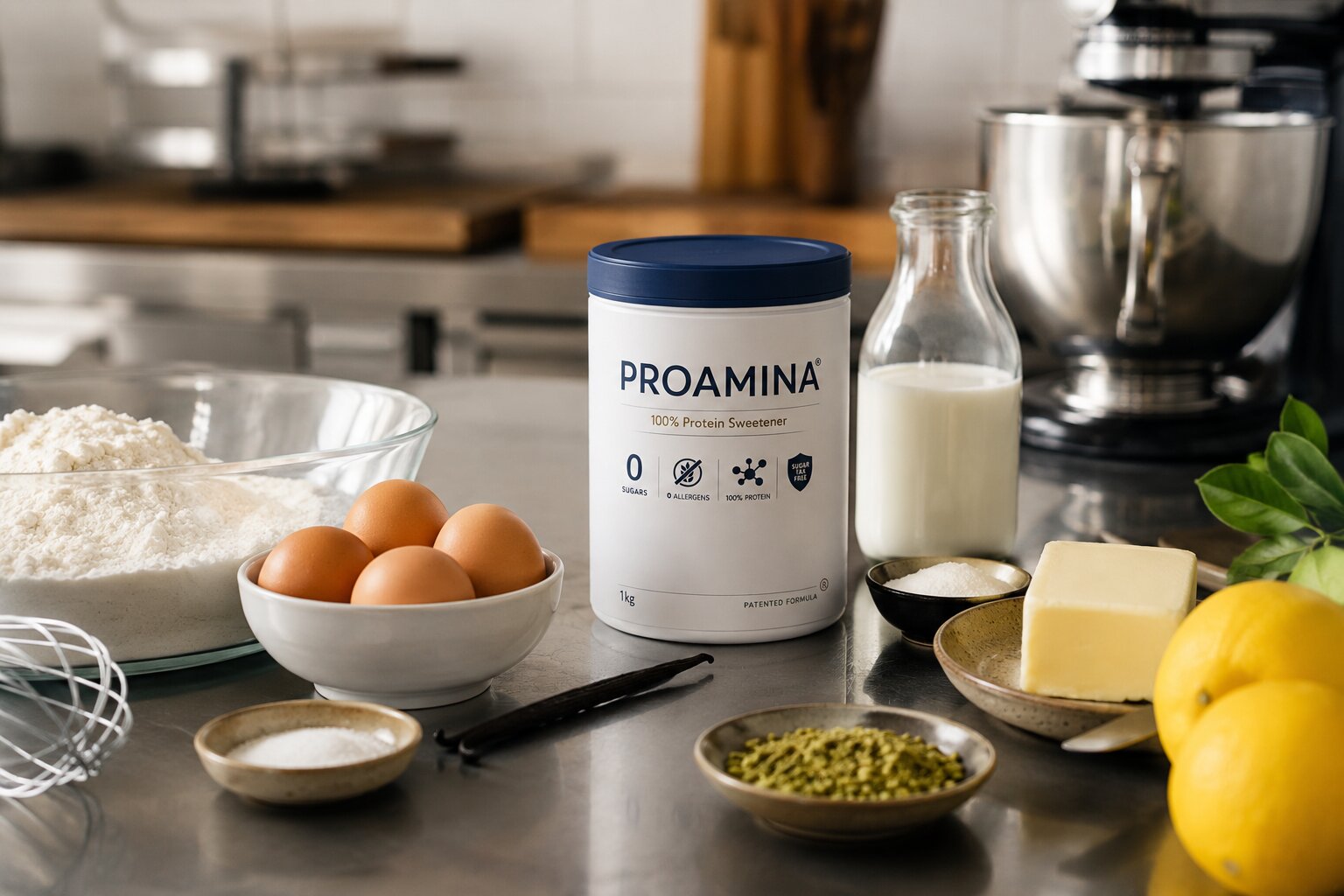 Barattolo Proamina 500g con scoop su piano cucina