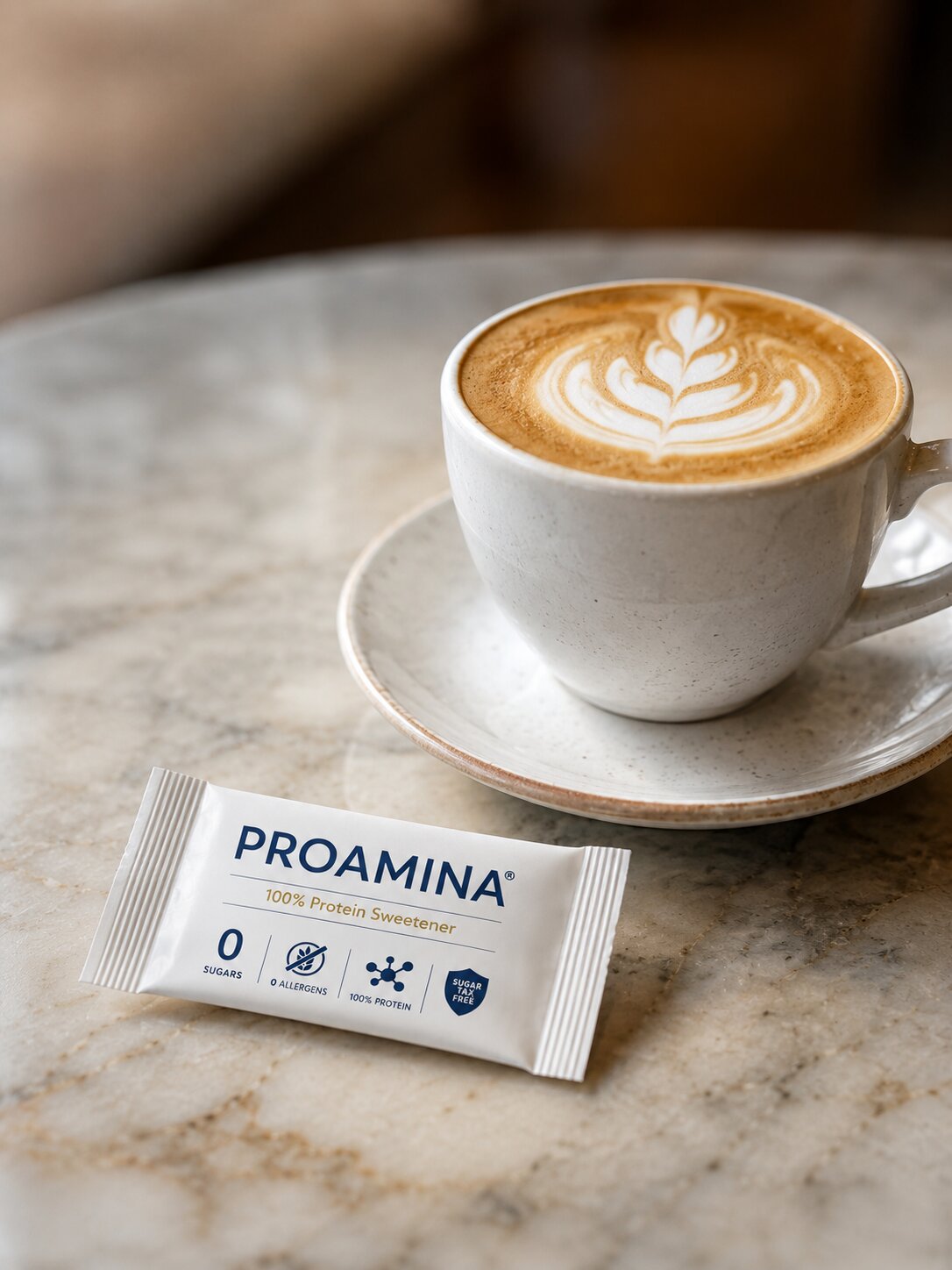 Bustina Proamina accanto a una tazza di caffe
